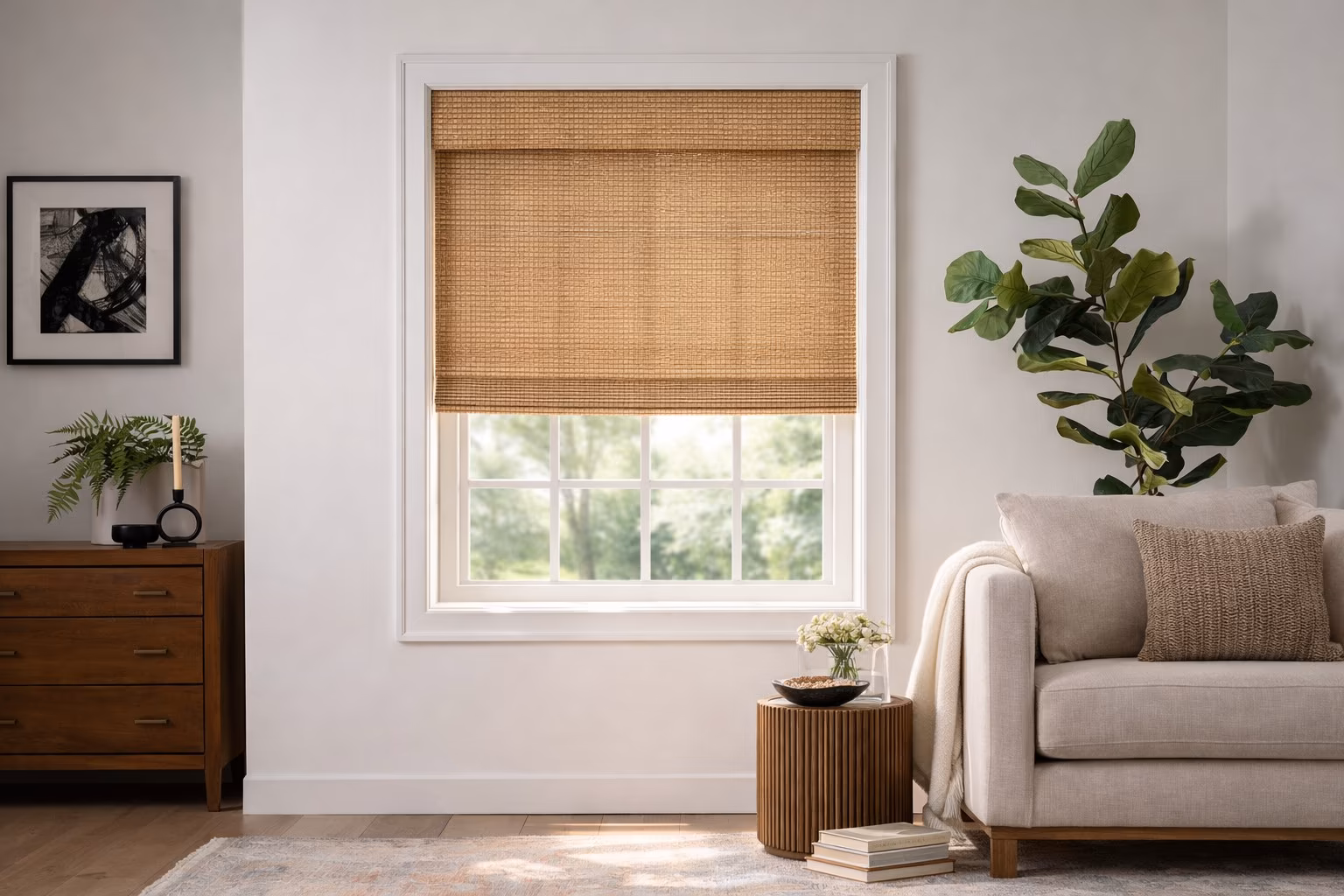 Hunter Douglas Provenance Woven Wood Shade in a minimalist living room with fiddle leaf fig plant and modern furnishings, installed by La Grange Window Coverings