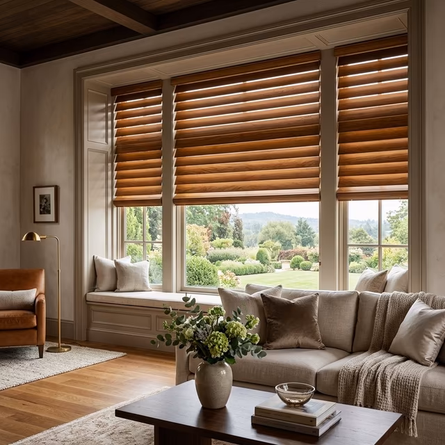 Parkland® & EverWood® Blinds — custom window treatment installed in a Sonoma County home by La Grange Window Coverings, Windsor CA 95492