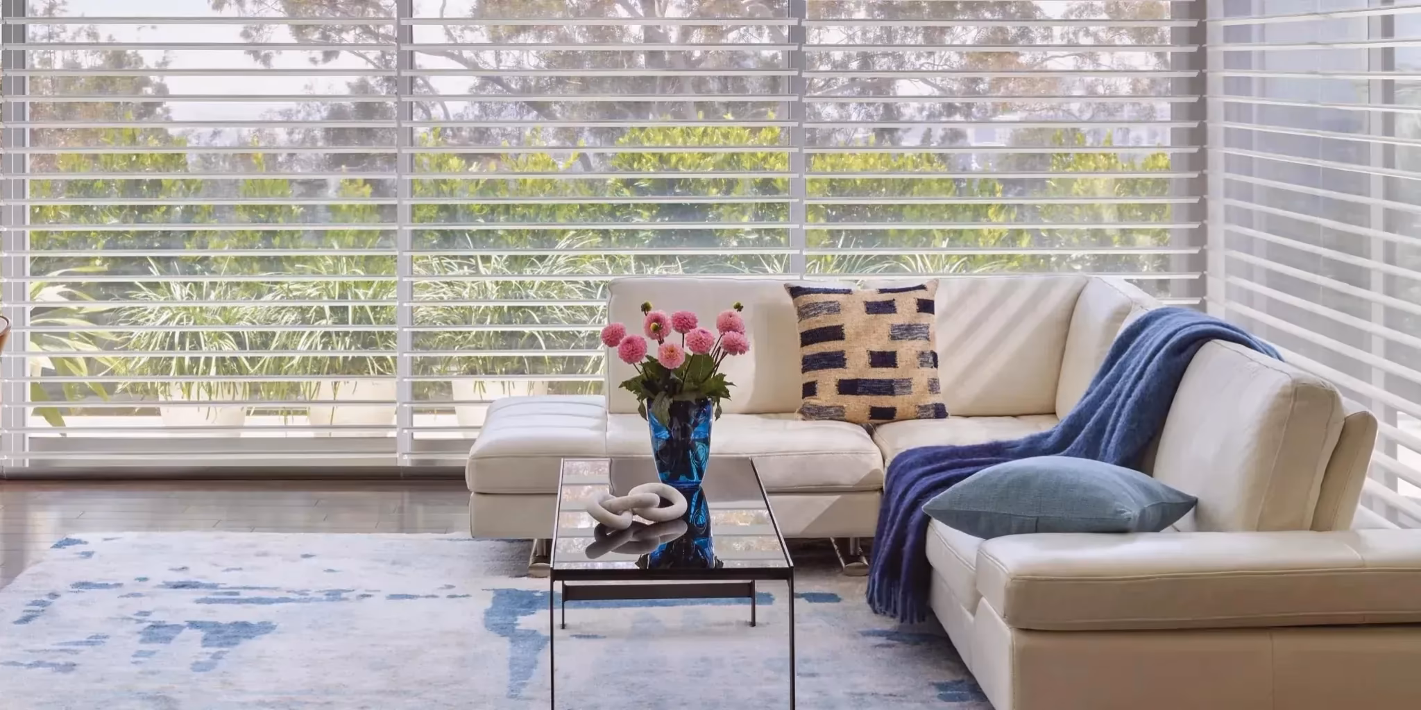 La Grange Window Coverings Hunter Douglas Silhouette window shadings with S-Vane technology diffusing 88% UV rays while preserving vineyard views in a Sonoma County living room, Windsor CA 95492