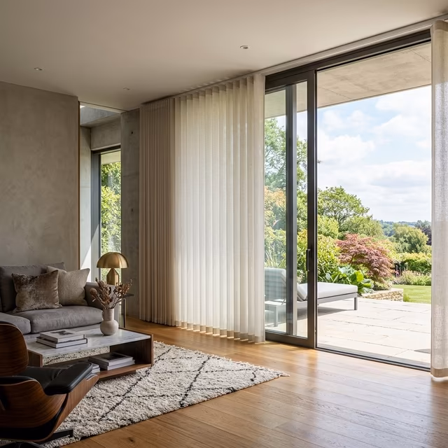 Somner® Custom Vertical Blinds — custom window treatment installed in a Sonoma County home by La Grange Window Coverings, Windsor CA 95492