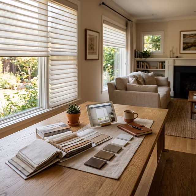 La Grange Window Coverings owner Veronica Thompson providing personalized in-home window treatment consultation with Hunter Douglas fabric swatches in Sonoma County residence Windsor CA 95492